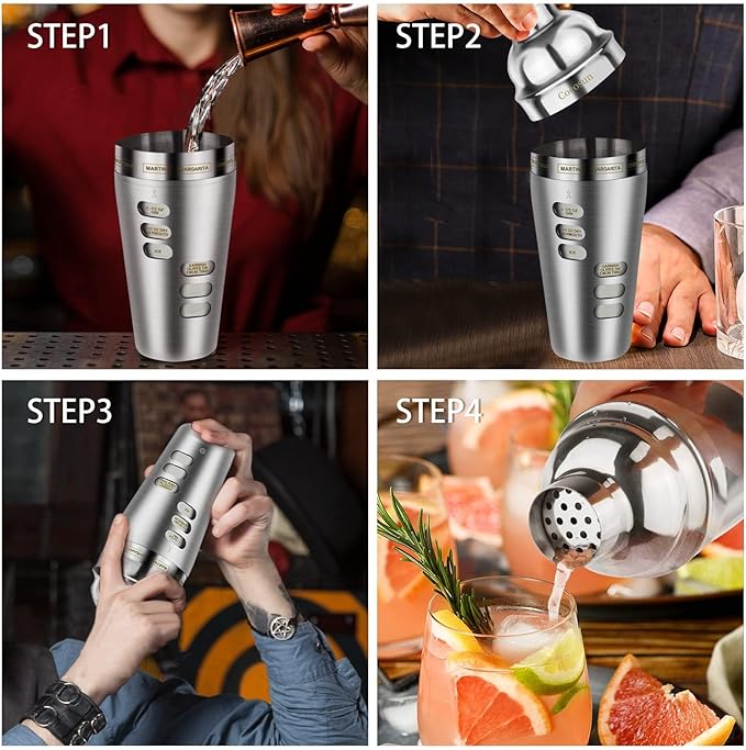 Cocktail Shaker Martini Shaker Set with Recipe, 24 oz Martini Shaker Drink Shaker Drink Mixer Stainless Steel Cocktail Shaker Set Bartender Kit