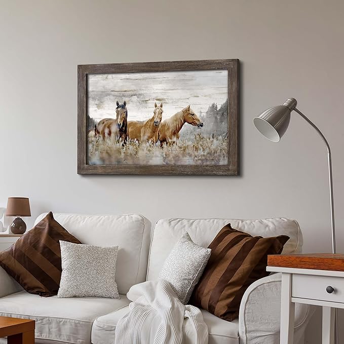 Horse Wall Art Rustic Decor: Framed Wild Animal Wooden Picture Brown Horses Portrait Print Painting Western Wildlife Artwork for Bedroom Home Office 36 x 24 Inches