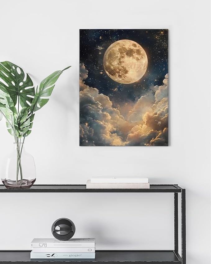 Aesthetic Celestial Moon Wall Art Decor Night Sky Moon Dark Academia Canvas Print Poster Framed Picture Painting for Home Living Room Bedroom Wall Decor 11x15 Inch