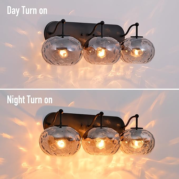23" Matte Black Vanity Light Smoked Hammered Glass Wall Sconce 3-Light Grey Lampshade Wall Lamp for Hallway Living Room Stairwell Bathroom Over Mirror