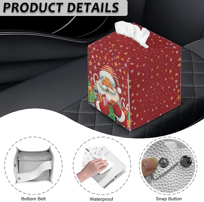 Santa Claus Tissue Box Cover 5.1x5.1x5.1'' Tissue Holder Napkin Dispenser for Home Office Car, Christmas PU Leather Square Napkin Facial Paper Holder Organizer