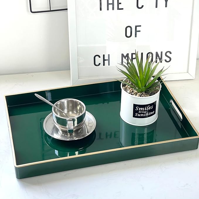 Zosenley Decorative Tray, Rectangular Plastic Tray with Handles, Modern Vanity Tray and Serving Tray for Bathroom, Kitchen, Ottoman and Coffee Table, 15.6” x 10.2”, (Rectangular, Blackish Green)