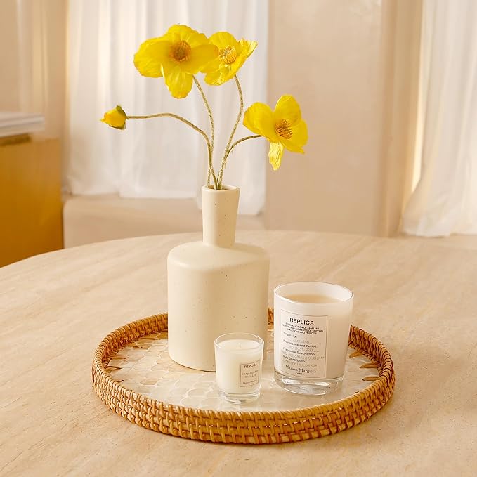 Round Rattan Tray with Mother of Pearl Inlay & Wooden Base - Decorative Wicker Serving Tray for Coffee/Bread/Fruits, Food Storage & Display - Multipurpose Home Decor (L,Fish Scales)