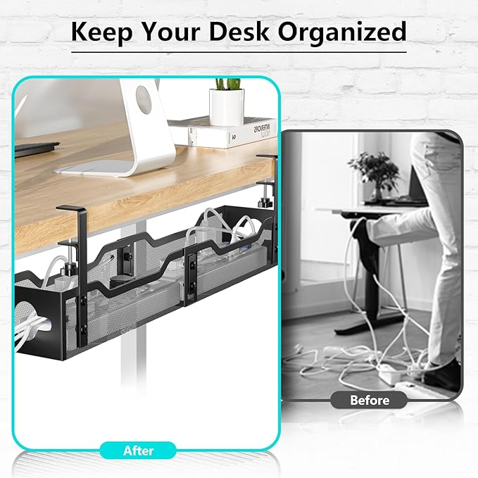 Under Desk Cable Management Tray 24.8", Quszmd Cable Organizer No Drill, Standing Cord Organizer and Wire Management Tray - No Damage to Desk, Black