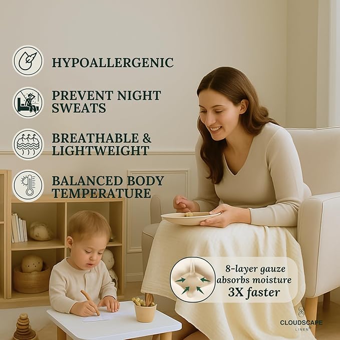 Cloud Scape Linen Extra Large 8-Layer Muslin Throw Blanket, 100% Cotton Gauze Blanket for Couch, Sofa, Bed, Lightweight, Suitable for All Season,50x70, Ivory