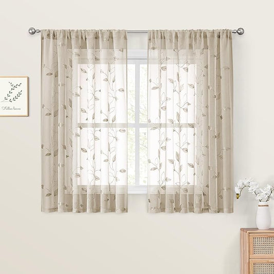 HOMEIDEAS Taupe Sheer Curtains 52 x 54 Inch Length 2 Panels Beige Embroidered Leaf Pattern Short Curtains for Bedroom Half Small Window Rod Pocket Kitchen