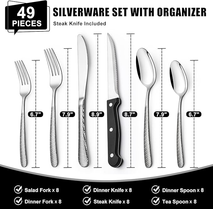 49-Piece Hammered Silverware Set with Organizer, Heavy Duty Stainless Steel Flatware for 8, Cutlery Utensil Sets with Steak Knives, Rust-proof, Mirror Polished, Dishwasher Safe