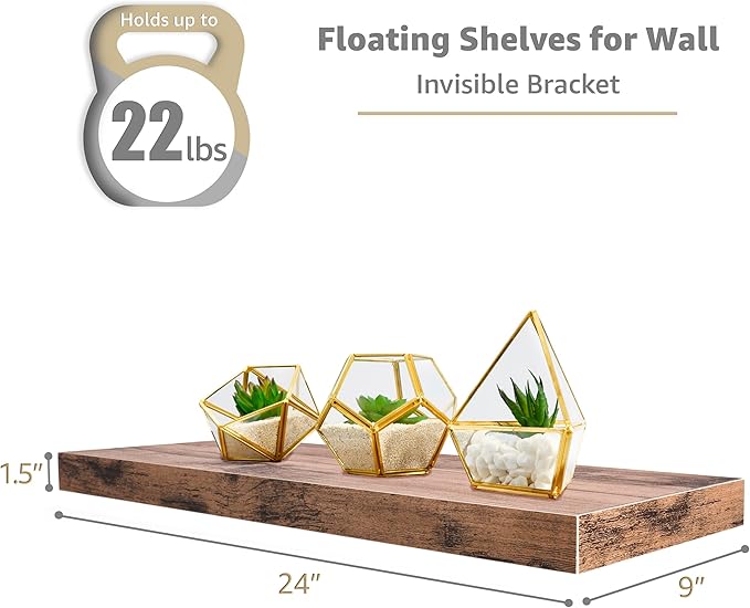 Sorbus Floating Shelves for Wall - 24" Bathroom Shelves, Wall Decor for Bedroom, Kitchen, Living Room, Home Decor & Book Storage - Mounted Floating Shelf with Invisible Brackets (Mahogany, 4 Pack)