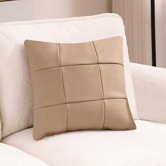 Kidol & Shellder Genuine Leather Throw Pillow Cover 18x18 Modern Solid Lumbar Pillow Covers-Luxury Pillowcases for Couch Sofa Bed-Soft Durable Decorative Cushion Case with Hidden Zipper(Light Suntan)