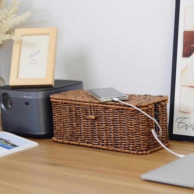 BROWNLILY Cable Management Box, Rattan Style Cord Organizer for Desk Cord Hider Outlet Covers Baby Proofing for Power Strip TV PC Router Charger Under Desk Storage with Lockable Lid and Cable Ties