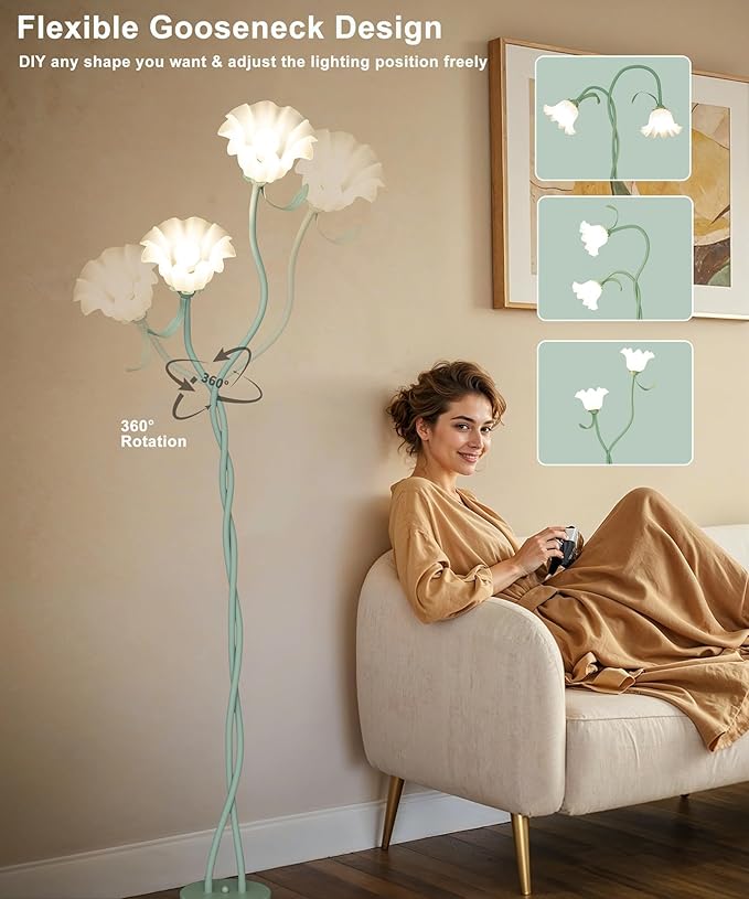 Flower Floor Lamp for Living Room, Cute Floral Lamp with Flexible Gooseneck, Tall Standing Lamp with 3 Color Modes, Modern Corner LED Bulb Lamp for Kids Girls Bedrooms (Green)