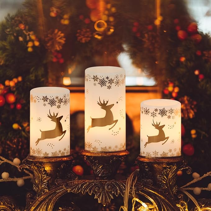 DRomance Gold Deer Flameless Flickering Candles Battery Operated with 6H Timer, 3 Pack Real Wax Warm Light LED Pillar Candles Dinner Tabletop Holiday Centerpiece Decor 3" x 6"