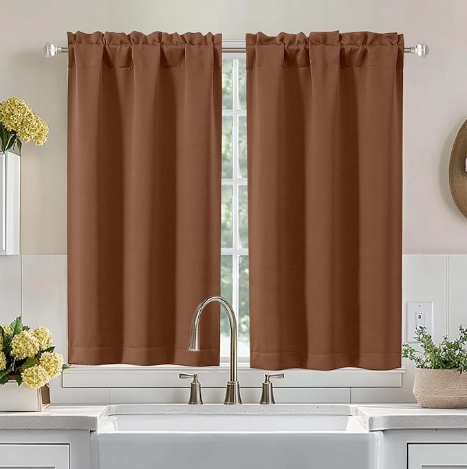 Aiyufeng Sun Baked Short Blackout Curtains for Bedroom 45 Inches Long 2 Panels Set, Solid Thermal Insulated, Energy Saving Window Treatment Curtains Blackout Drapes, W40 x L45 Inch, Sun Baked
