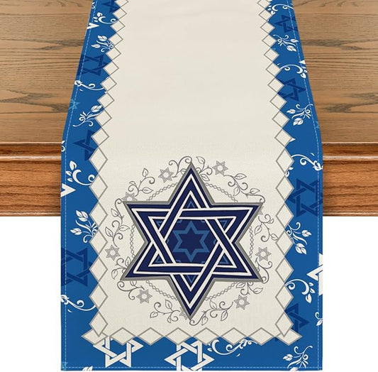 Artoid Mode Hexagram Hanukkah Table Runner, Star of David Jewish Menorah Chanukah Holiday Kitchen Dining Table Decoration for Home Party Decor 13x90 Inch