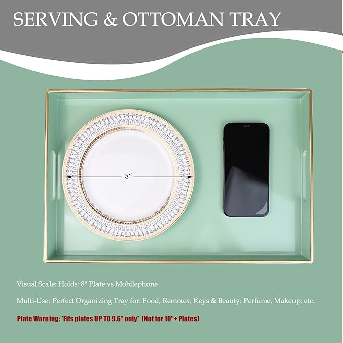 Spsyrine Green Decorative Serving Tray with Handles, Elegant Plastic Coffee Table Tray for Ottoman, Living Room, Home Decor 15.6" X 10.2"