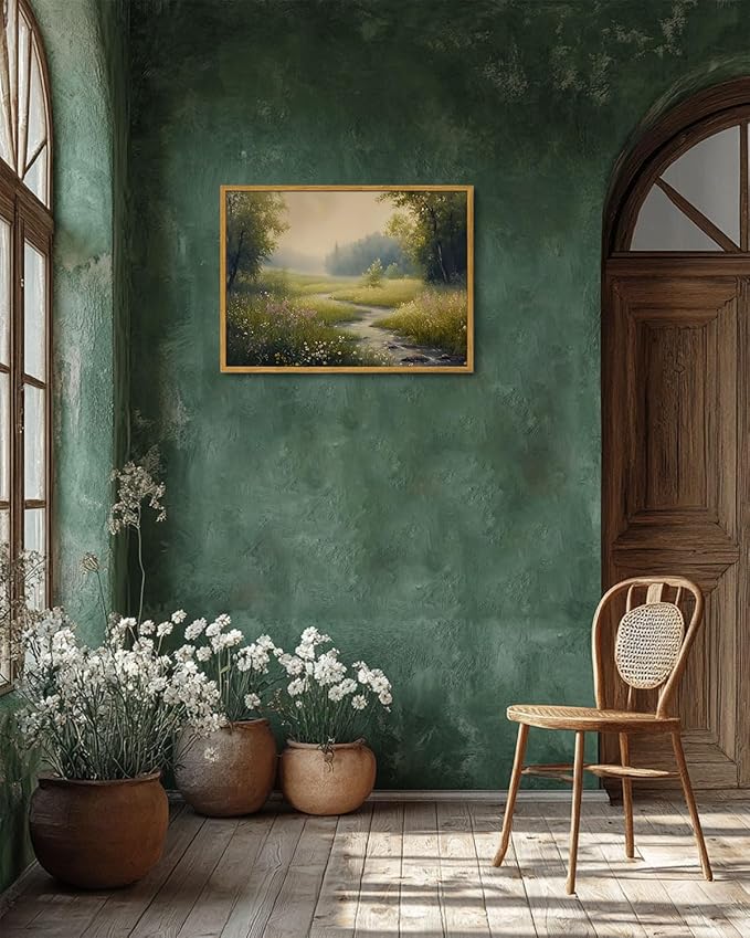 KISSFOX Vintage Landscape Canvas Wall Art Spring Nature Meadow Stream Wildflowers Tree Framed Wall Art Farmhouse Cottagecore Art Prints Artwork For Living Room Bedroom Kitchen