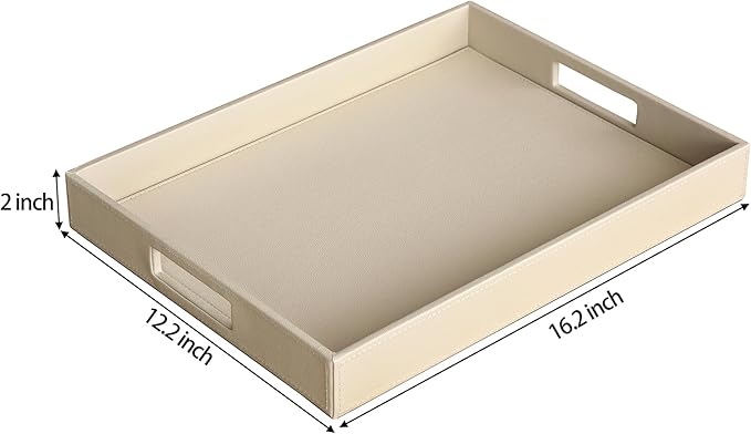 HofferRuffer Rectangle Serving Tray with Hole Handles for Coffee Table, Breakfast, Tea, Food, Butler - Countertop, Kitchen, Vanity Serve Tray, 16.2 x 12.2 x 2 inches, Faux Leather (Dark CreamWhite)