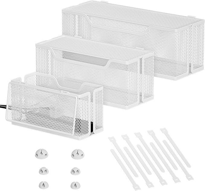 3 Pack Cable Management Box, Metal Mesh Cord Organizer Box for TV Wires, Electrical Hiding, Power Strip – Under Desk Cable Storage Box with Cable Clips&Reusable Cable Ties for HomeOffice - White