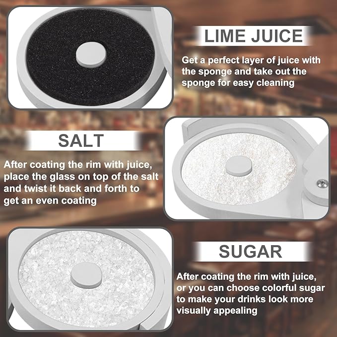 Margarita Salt Rimmer Set Bamboo– 3-Tier Bar Glass Rimmer with Lid and 6 Sponges for Cocktails, Perfect for Margaritas, Bloody Marys, and Manhattans – Ideal for Home and Parties White