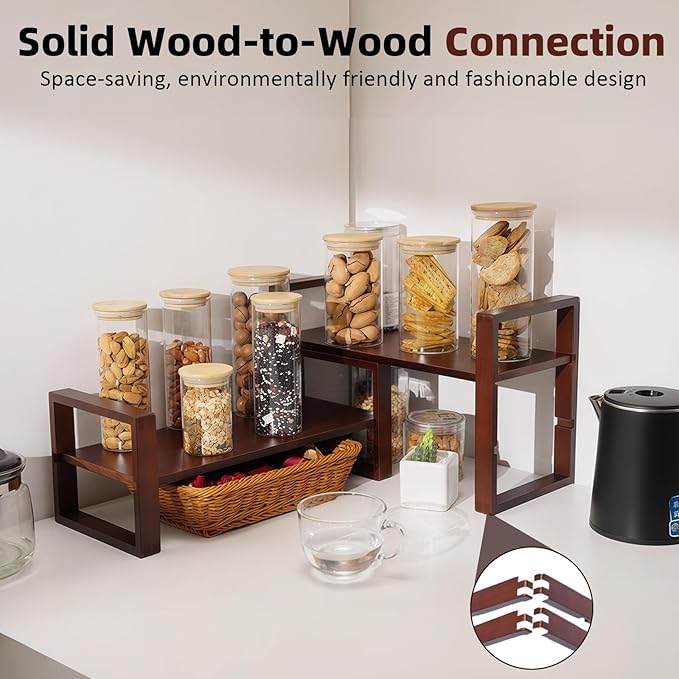 Upgraded Desktop & Off-Surface Shelves, No Tools Assembly Interlocking Joints for Enhanced Stability, Solid Pine Wood, 130lb Load Capacity for Office, Books, Bathroom Storage Walnut Colour