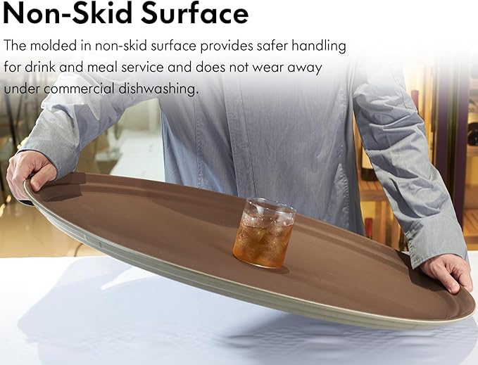 CURTA 2-Pack Restaurant Grade Non-Slip Tray, NSF, Oval 22-Inch x 27-Inch, Plastic Rubber Lined Round Serving Tray, Brown