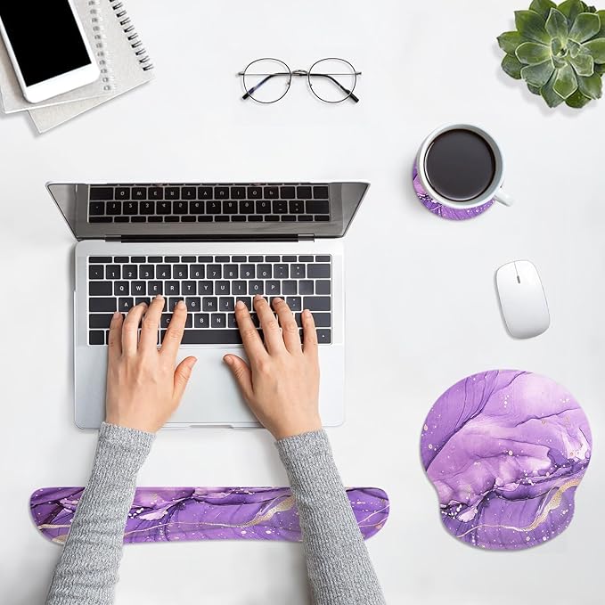 Britimes Purple Gold Marble Mouse Pad 3pcs Set with Wrist Support Non-Slip Rubber Base Ergonomic Pad,Mouse Wrist Cushion Support and Coasters for Home Office Gaming Easy Typing & Pain Relief