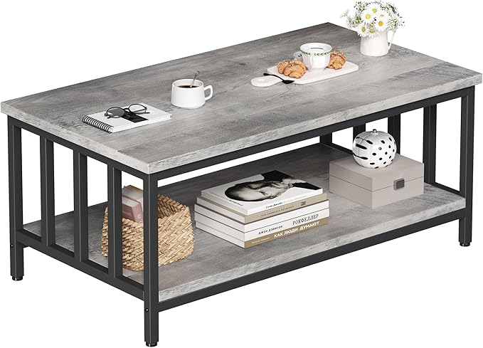 Homeiju Coffee Table for Living Room with Slatted Sides Frame, Modern Farmhouse Living Room Table with 2-Tier Storage Shelf for Home Office, Apartment, 39 inch Grey Wash