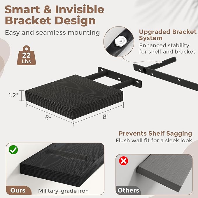 Floating Shelves for Wall with Invisible Brackets, Wall Mounted Engineered Wood Shelves with Wood Grain for Living Room, Bedroom, Bathroom, Kitchen Decor and Storage, Oak, 8"L Set of 3, Black