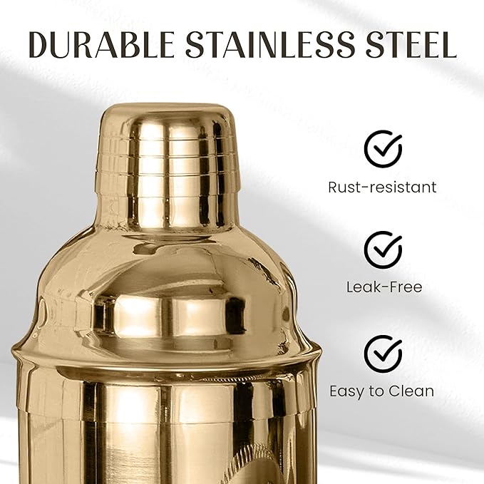 Mixology & Craft Bartender Kit – 15-Piece Cocktail Shaker Set with Bar Tools, Premium Stainless Steel Drink Mixer Accessories for Home Bar, Includes Bamboo Stand, Plus Exclusive Recipe Cards (Gold)