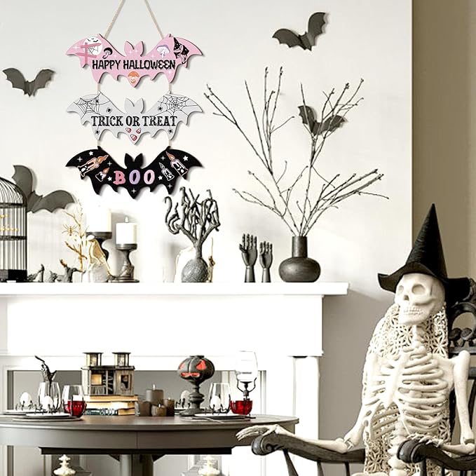 HPNIUB Halloween BOO Door Sign Decorations, Happy Halloween Welcome Hanging Wood Sign for Front Door, Wooden Bat Spider Wooden Plaque Ornaments for Home Wall Halloween Party Decor