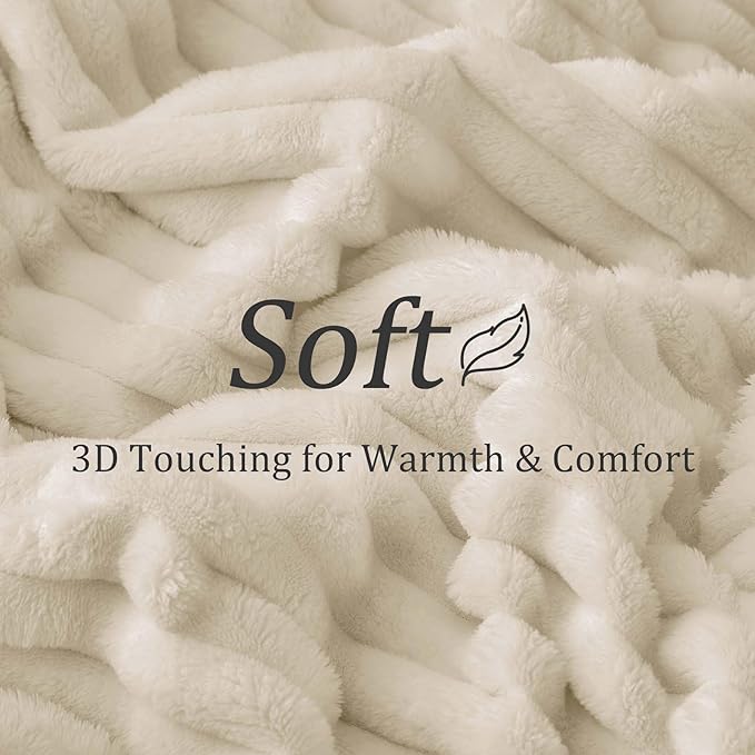 BEDELITE Full Size Blanket for Bed, 300GSM Soft & Warm Fleece Beige Blanket, Decorative and Giftable Striped Blankets for Women, Men, 84"x90"