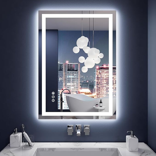 Amorho LED Mirror for Bathroom 28X20 Inch with Backlight and Front Lit, Anti-Fog Mirror for Wall Mounted, Dimmable, 3 Colors, Memory