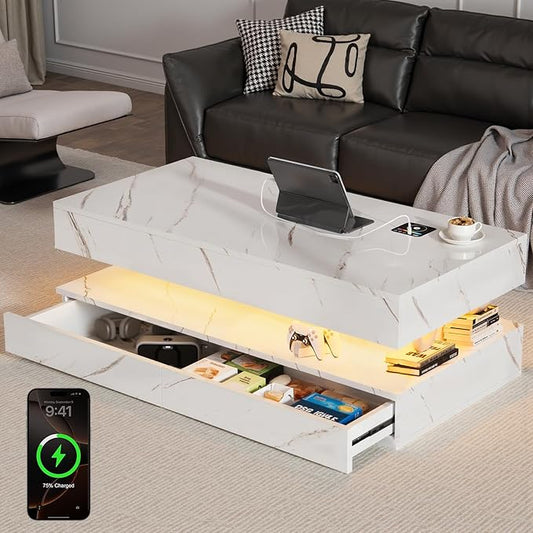 LED Coffee Table, 47.2" Coffee Tables with Storage Drawers, Smart Living Room Table with Wireless Charging & Bluetooth Speaker,Modern Center Tables for Living Room, White Marble