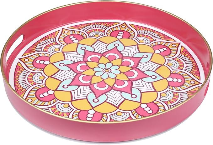 Round Pink Decorative Tray for Coffee Table, Ottoman, 13” Plastic Serving Platter Tray with Handles for Entertaining, Living Room