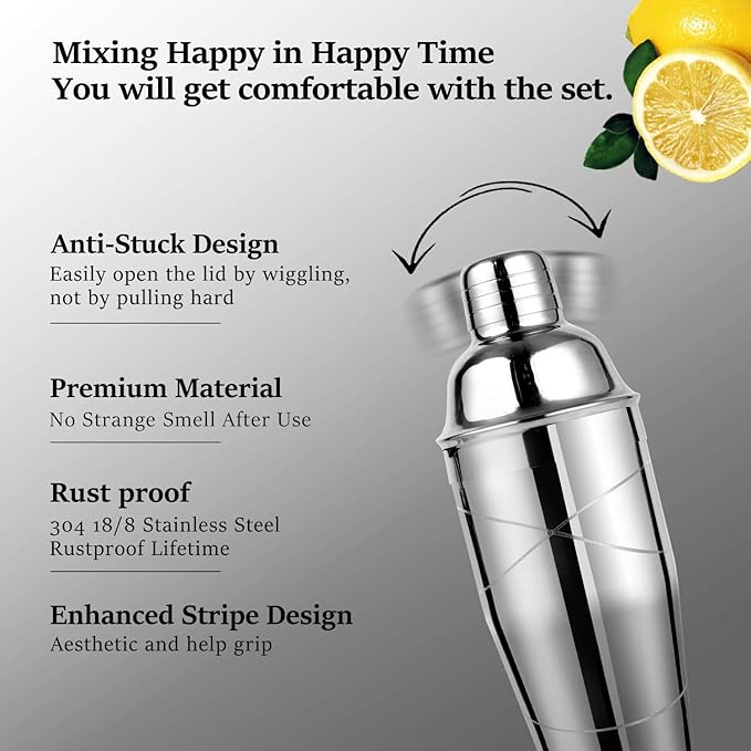 Lexenic Professional Starter Bartender Kit Cocktail Shaker Set,6 Piece - Home Bar Tool Set - Drink Mixer Kit with Accessory Tools: Bar Mat,Martini Shaker, Jigger, Strainer, Bar Spoon, Muddler (Kit E)