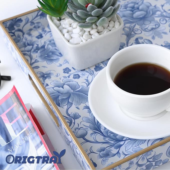 Serving Tray with Handles, Rectangular Plastic Tray 15.75x11.81 Inch, Blue and White Peony Chinese Porcelain Style Decorative Tray for Kitchen, Dining Table, Vanity, Office & Home