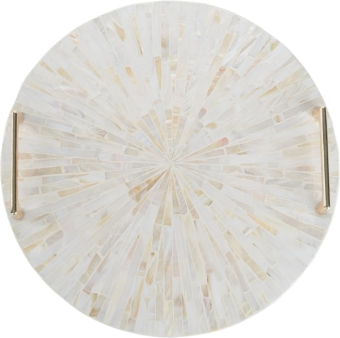 PEMAR Mother of Pearl Decorative Tray, 13" Round Display & Serving Tray with Gold Handles, Vanity/Perfume/Trinket Catchall for Dresser, Bathroom, Vanity Table (White Cream Sunlight Starburst Pattern)