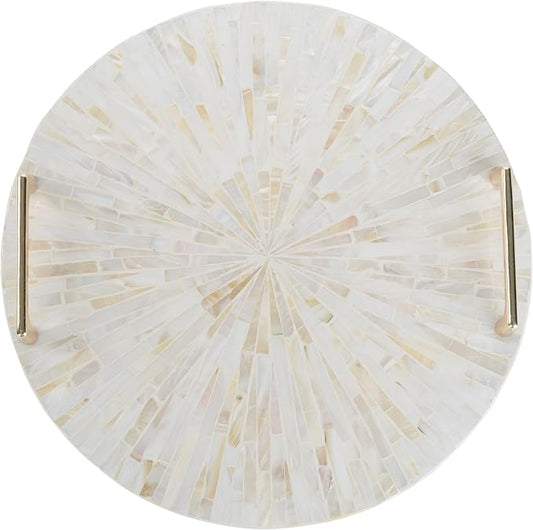 PEMAR Mother of Pearl Decorative Tray, 13" Round Display & Serving Tray with Gold Handles, Vanity/Perfume/Trinket Catchall for Dresser, Bathroom, Vanity Table (White Cream Sunlight Starburst Pattern)