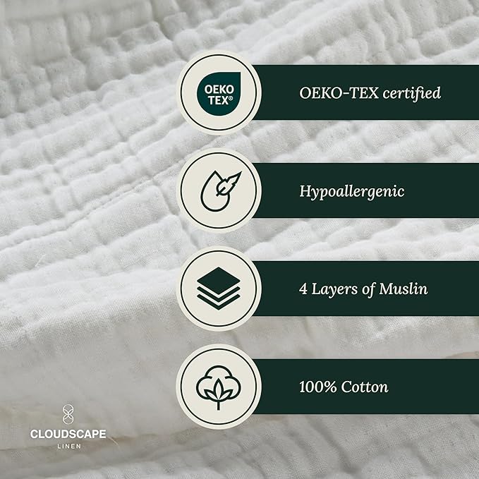 Cloud Scape Linen Extra Large 4 Layer Muslin Throw Blanket - 100% Cotton Gauze, Lightweight & Breathable All Season, Pre-Washed, for Couch & Bed, 50x70, White