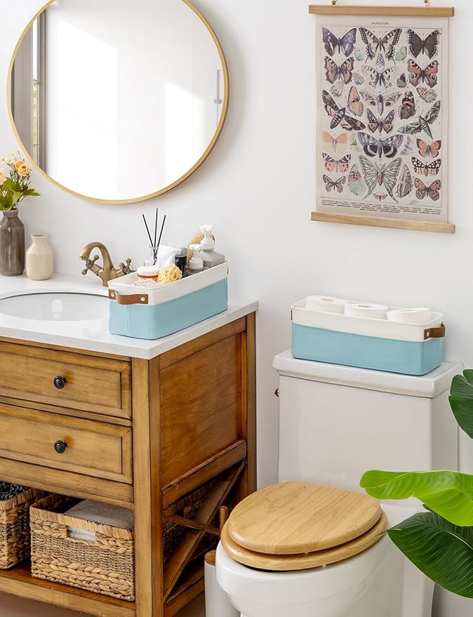 StorageWorks Narrow Storage Bins, Small Basket for Closet and Shelves, Fabric Organizer with Handles, Toilet Paper Storage, Light Blue and White, 2-Pack