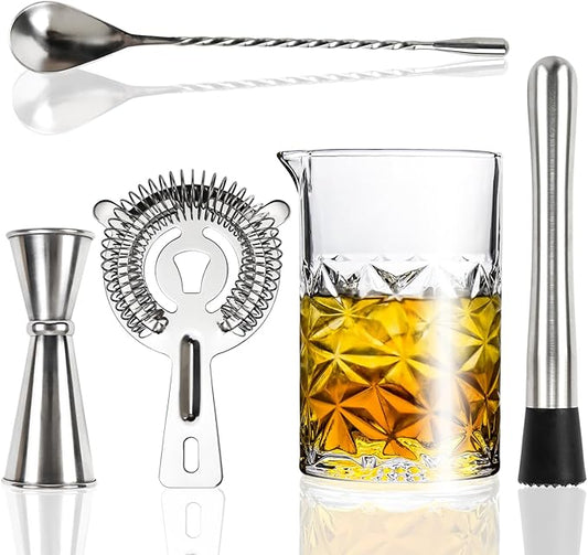 Cocktail Mixing Glass Kit, 24 OZ Crystal Stirring Glass with Stainless Steel Bar Tools – 2 OZ 1 OZ Jigger, Muddler, Strainer, Spoon, Recipe – Bartender Gifts for Men, Elegant Barware for Home & Party
