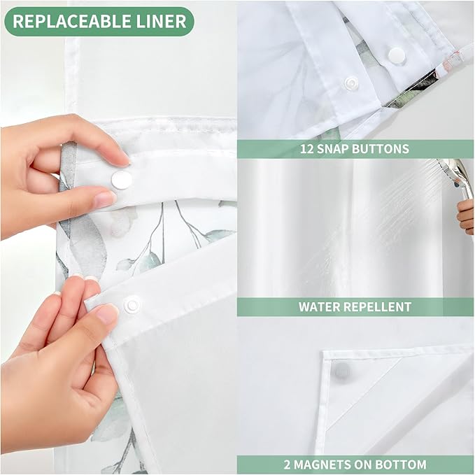 QiyI No Hook Shower Curtain with Snap in Fabric Liner, Sage Green Eucalyptus Shower Curtain with See Through Top Window, Waterproof Washable Cloth Ringless Shower Curtain Set for Bathroom, 36 x 75