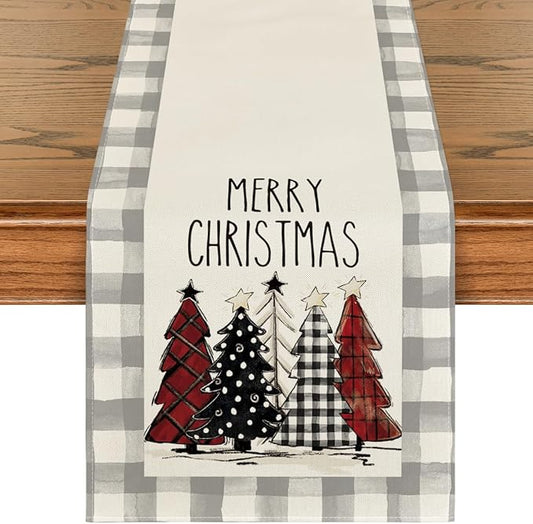 Artoid Mode Waterclor Grey Buffalo Plaid Christmas Trees Merry Xmas Table Runner, Seasonal Winter Holiday Kitchen Dining Table Decoration for Indoor Outdoor Home Party Decor 13 x 60 Inch