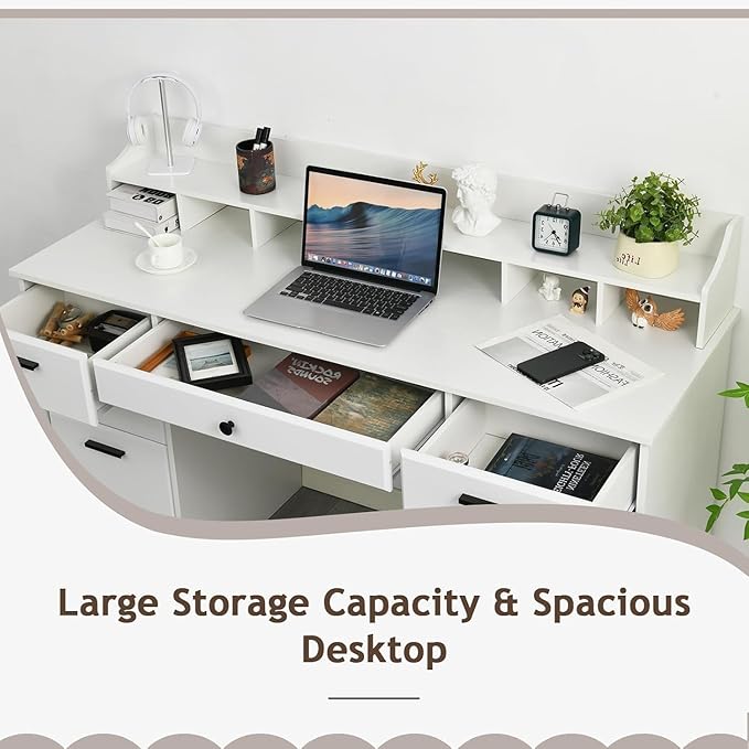 White Desk with 6 Drawers, 58 Inch Executive Desk with Hutch, White Wood Computer Desk with Storage for Bedroom, Home Office Desk with File Cabinet