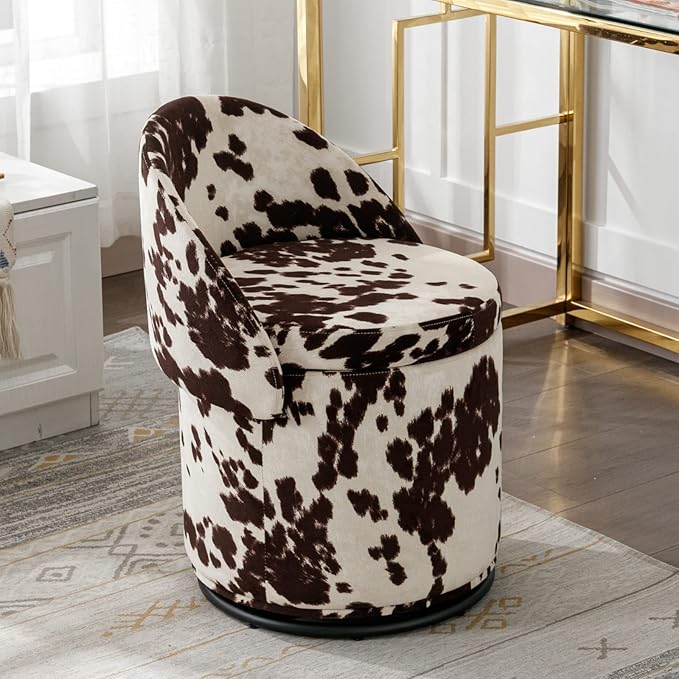 LukeAlon Linen Makeup Ottoman with Storage, Upholstered 360° Swivel Vanity Stool with Foldable Backrest Modern Cylindrical Footrest Stool for Living Room Bedroom, Cow Print
