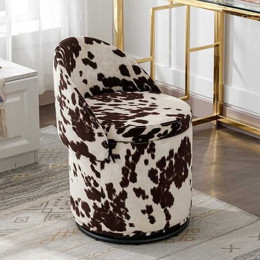 LukeAlon Linen Makeup Ottoman with Storage, Upholstered 360° Swivel Vanity Stool with Foldable Backrest Modern Cylindrical Footrest Stool for Living Room Bedroom, Cow Print
