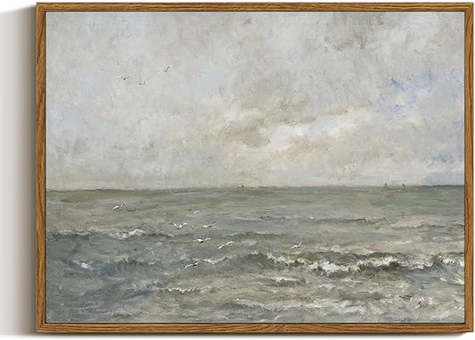 VIYYIEA Ocean Framed Wall Art, Seascape Vintage Art Decor Room Aesthetic, 12x16 Inch Canvas Print Artwork, Calming Landscape Painting Wall Decor for Bedroom Bathroom Office