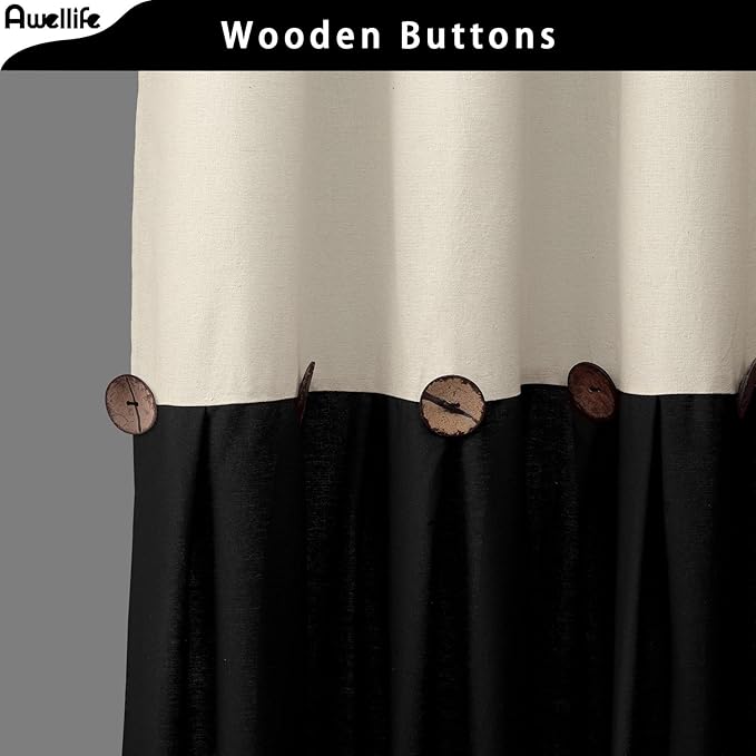 Awellife Farmhouse Cream Shower Curtain Button Linen Textured Woven Fabric,Country Style (Cream & Black, 72" W x 72" L)