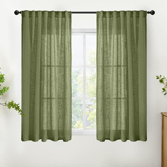 YoungsTex Short Linen Curtains 45 Inch Length for Kitchen Window - Light Filtering Semi Sheer Drapes with Rod Pocket Back Tab for Living Room Window, Olive Green, 2 Panels, 42 X 45 Inch