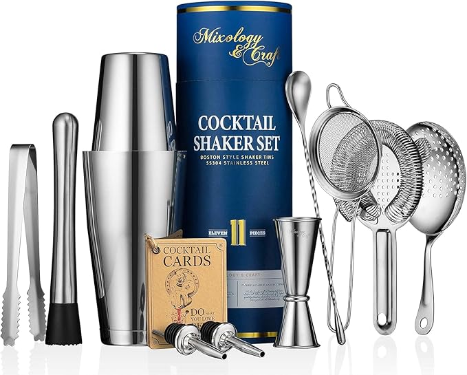 Bartender Kit with Stainless Steel Boston Shaker Bottle | 11-Piece Cocktail Shaker Set with Weighted Design, Premium Bar Accessories, Tools for Home or Portable Bar, Martini Shaker & Mixology Gift